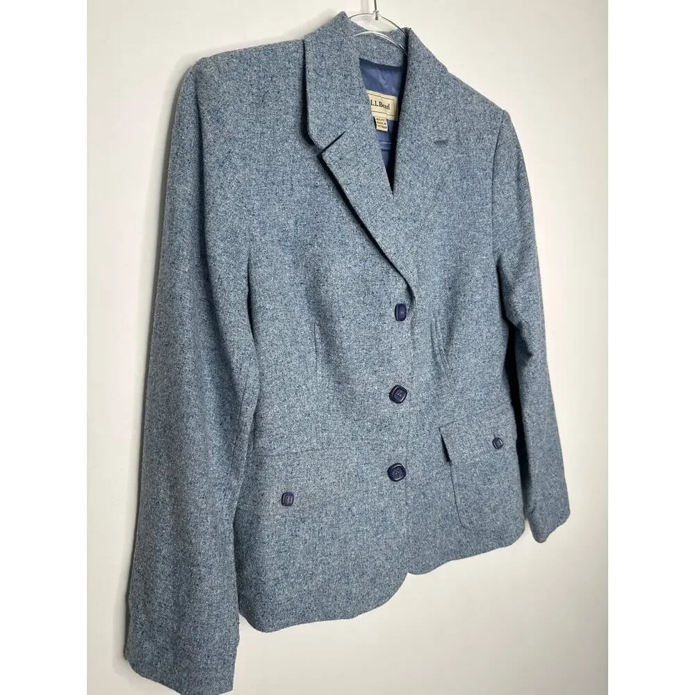 Vintage 1990s L.L. Bean Blue Wool Silk Mix Tweed Blazer medium petite - Picture 15 of 16